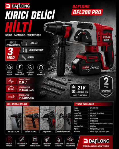 DFL288 PRO 6lı Set - 4 Bataryalı Taşıma Çantalı – 80nm Şarjlı matkap + 600nm Torklu Bijon Sökme + Devir Ayarlı Taşlama + Kırıcı Delici Hilti + Sunta kesme + Dekupaj makinesi