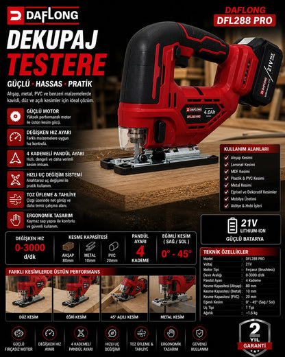DFL288 PRO 6lı Set - 4 Bataryalı Taşıma Çantalı – 80nm Şarjlı matkap + 600nm Torklu Bijon Sökme + Devir Ayarlı Taşlama + Kırıcı Delici Hilti + Sunta kesme + Dekupaj makinesi