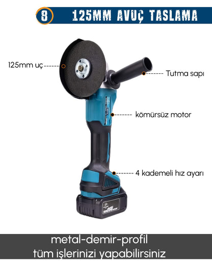 CHELİKBEİ EEA389 Akülü 10 LU Set (Led Işık +Lazer Metre +Somun Sıkma + Dekupaj + Oto Yıkama + Sunta Kesme + Darbeli Vidalama + Spral + Kırıcı Delici Matkap + Çok Fonksiyonlu Taşlama)
