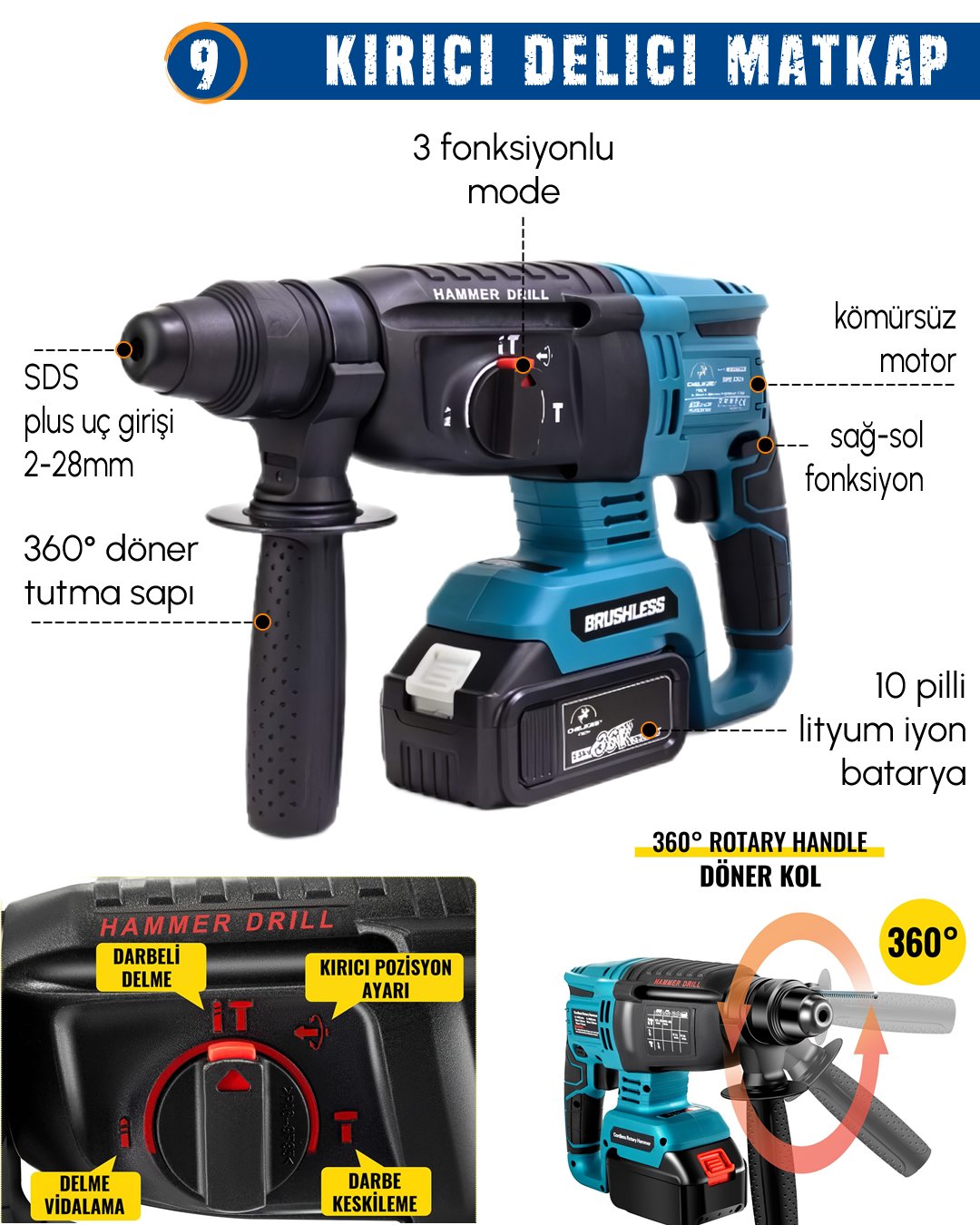 CHELİKBEİ EEA389 Akülü 10 LU Set (Led Işık +Lazer Metre +Somun Sıkma + Dekupaj + Oto Yıkama + Sunta Kesme + Darbeli Vidalama + Spral + Kırıcı Delici Matkap + Çok Fonksiyonlu Taşlama)