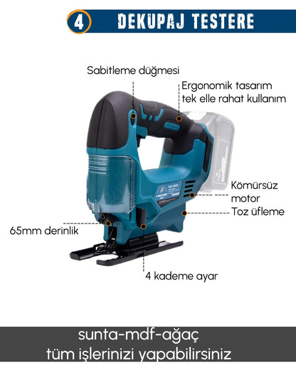 CHELİKBEİ EEA389 Akülü 10 LU Set (Led Işık +Lazer Metre +Somun Sıkma + Dekupaj + Oto Yıkama + Sunta Kesme + Darbeli Vidalama + Spral + Kırıcı Delici Matkap + Çok Fonksiyonlu Taşlama)